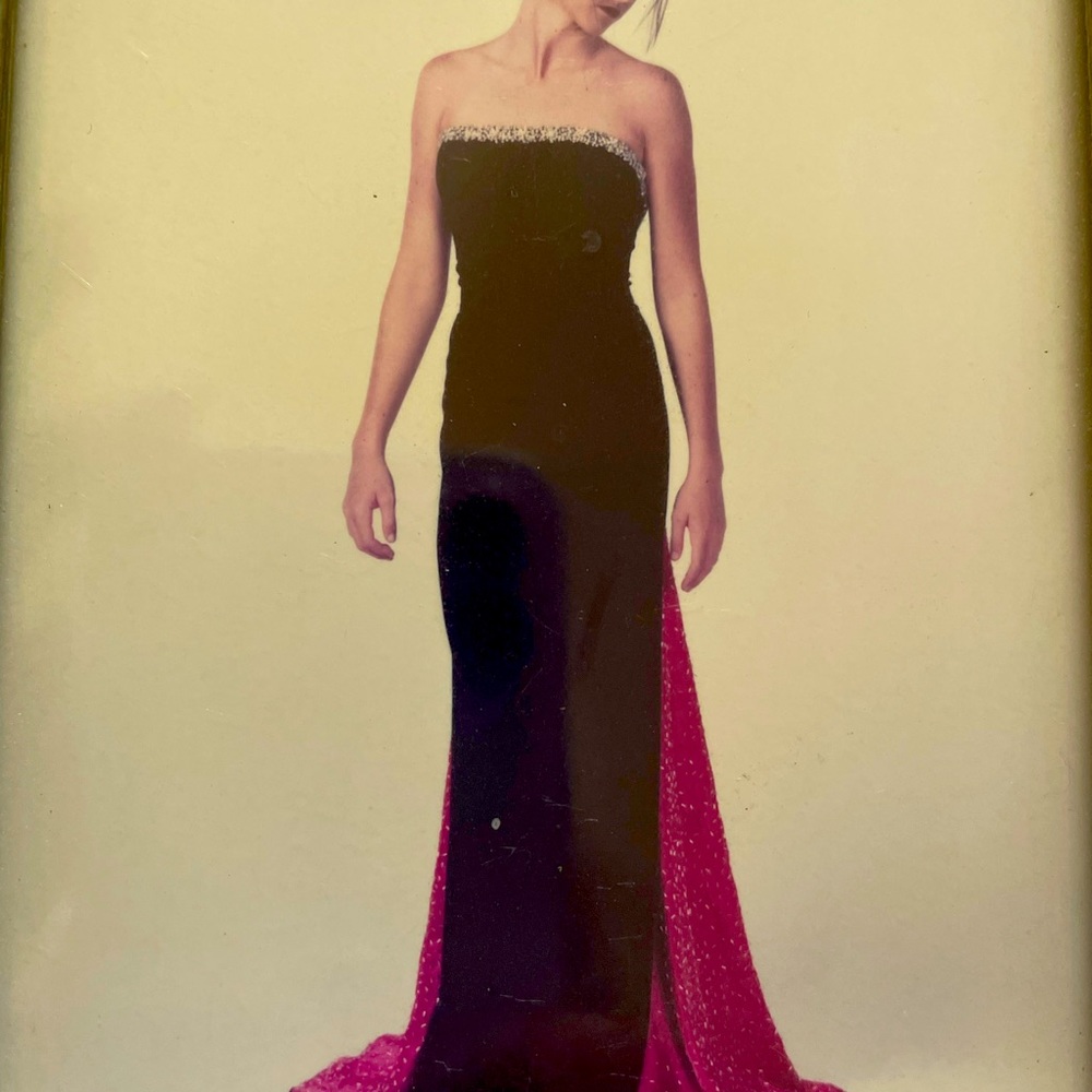 Black velvet pageant dress with pink satin under train